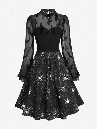 Gothic Spider Web Print Lace-up Bat Flocking Lace Patchwork Long Sleeves A Line Dress