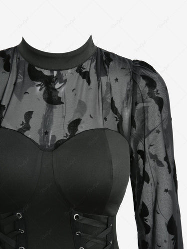 Gothic Spider Web Print Lace-up Bat Flocking Lace Patchwork Long Sleeves A Line Dress