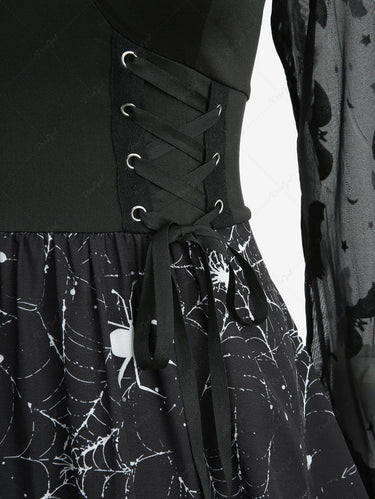 Gothic Spider Web Print Lace-up Bat Flocking Lace Patchwork Long Sleeves A Line Dress