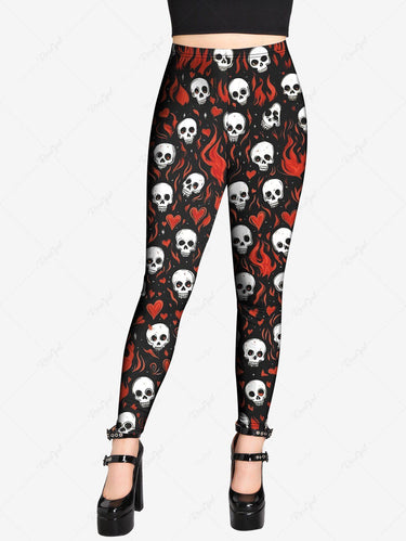 Gothic Plus Size Skull Heart Fire Flame Printed Skinny Leggings