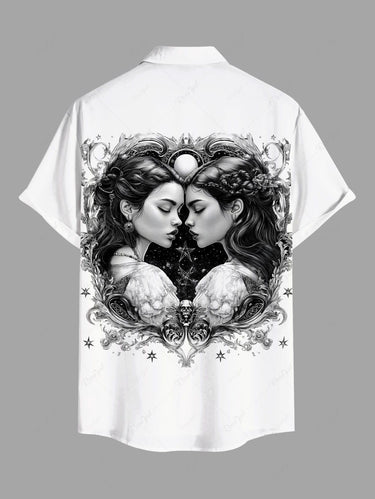 Gothic Plus Size Twin Sisters Print Button Pocket Shirt For Men