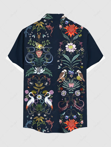 Gothic Plus Size Colorful Floral Leaves Plant Crane Print Button Pocket Shirt For Men