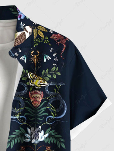 Gothic Plus Size Colorful Floral Leaves Plant Crane Print Button Pocket Shirt For Men