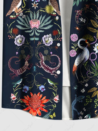 Gothic Plus Size Colorful Floral Leaves Plant Crane Print Button Pocket Shirt For Men