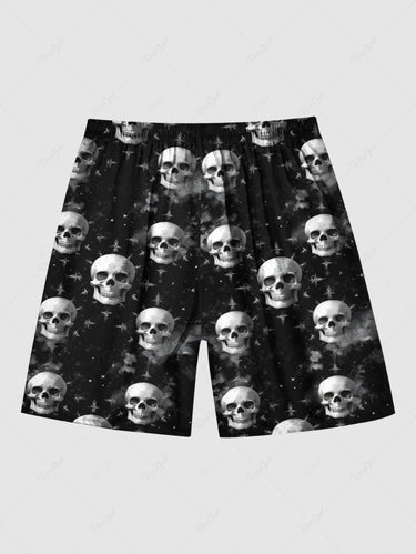Gothic Plus Size Skull Print Drawstring Beach Shorts For Men