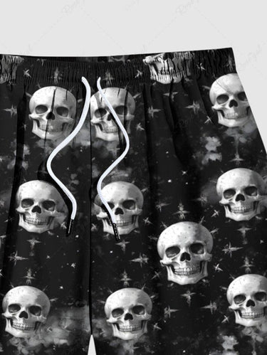 Gothic Plus Size Skull Print Drawstring Beach Shorts For Men