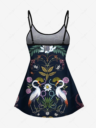 Gothic Colorful Floral Leaves Plant Crane Print Tankini Top(Adjustable Shoulder Strap)