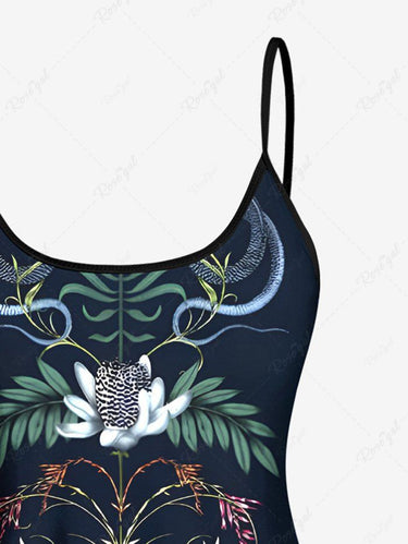Gothic Colorful Floral Leaves Plant Crane Print Tankini Top(Adjustable Shoulder Strap)