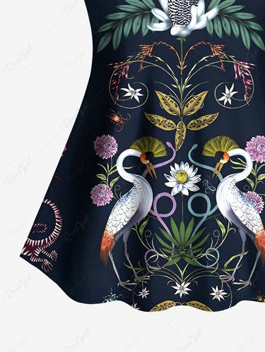 Gothic Colorful Floral Leaves Plant Crane Print Tankini Top(Adjustable Shoulder Strap)