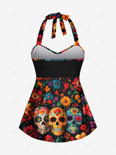 Gothic Colorful Floral Skull Print Twist Halter Backless Boyleg Tankini Swimsuit
