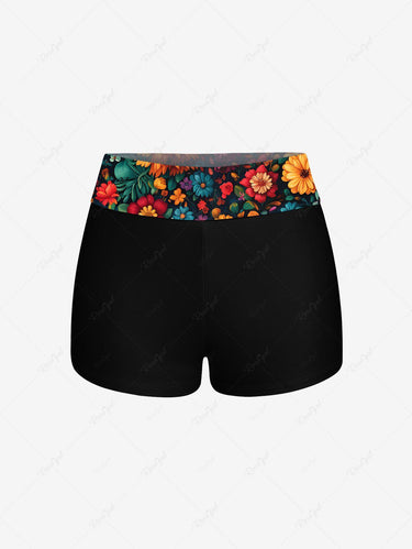 Gothic Colorful Floral Skull Print Twist Halter Backless Boyleg Tankini Swimsuit