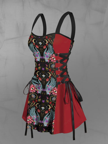 Gothic Mysterious Gesture Moon Star Floral Mushroom Skull Owl Print Lace Up A Line Tank Dress