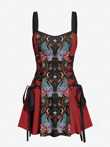 Gothic Mysterious Gesture Moon Star Floral Mushroom Skull Owl Print Lace Up A Line Tank Dress