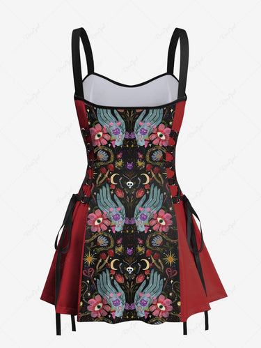 Gothic Mysterious Gesture Moon Star Floral Mushroom Skull Owl Print Lace Up A Line Tank Dress