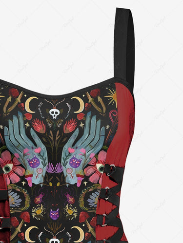 Gothic Mysterious Gesture Moon Star Floral Mushroom Skull Owl Print Lace Up A Line Tank Dress