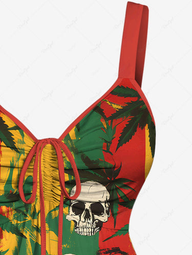 Gothic Plus Size Painting Striped Coconut Tree Skull Print Hawaii Cinched Tank Top