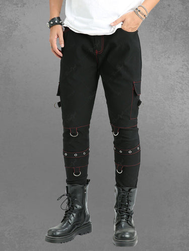 Gothic Topstitching Pockets D-Ring Grommet Pants For Men