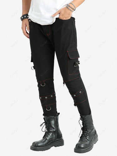 Gothic Topstitching Pockets D-Ring Grommet Pants For Men