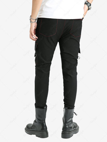 Gothic Topstitching Pockets D-Ring Grommet Pants For Men