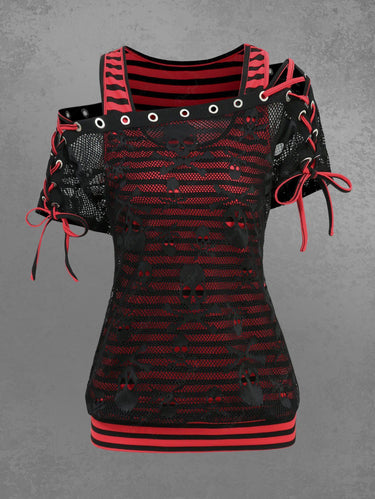 Gothic Skull Fishnet Overlay Lace Up Grommet Striped 2 in 1 T-shirt