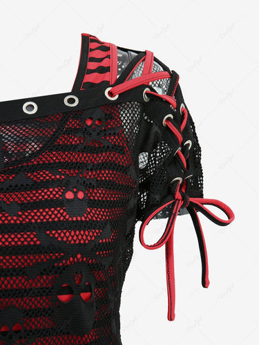 Gothic Skull Fishnet Overlay Lace Up Grommet Striped 2 in 1 T-shirt