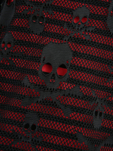 Gothic Skull Fishnet Overlay Lace Up Grommet Striped 2 in 1 T-shirt