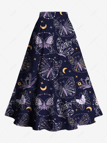Gothic Plus Size Butterfly Moon Star Print Split A Line Skirt