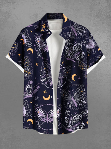 Gothic Plus Size Butterfly Moon Star Print Button Pocket Shirt For Men