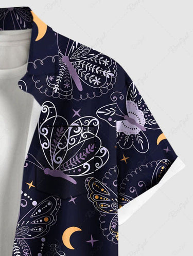 Gothic Plus Size Butterfly Moon Star Print Button Pocket Shirt For Men
