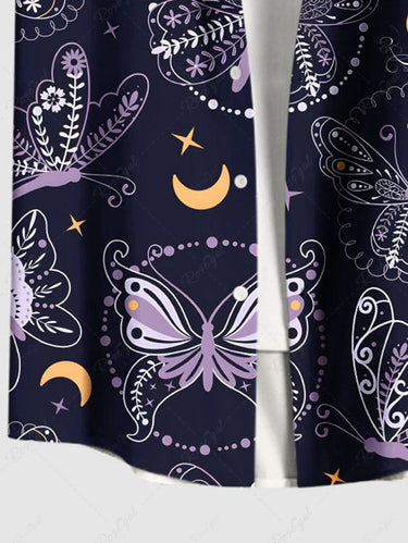 Gothic Plus Size Butterfly Moon Star Print Button Pocket Shirt For Men