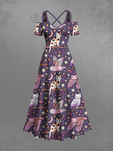 Gothic Plus Size Cat Owl Moon Star Galaxy Print Cold Shoulder Crisscross A Line Maxi Dress