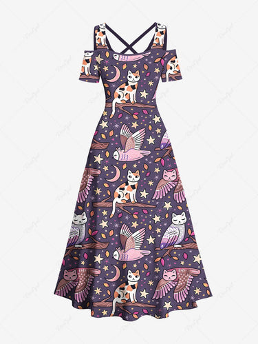 Gothic Plus Size Cat Owl Moon Star Galaxy Print Cold Shoulder Crisscross A Line Maxi Dress