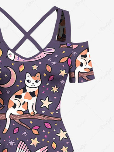 Gothic Plus Size Cat Owl Moon Star Galaxy Print Cold Shoulder Crisscross A Line Maxi Dress