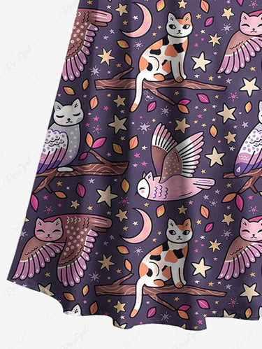 Gothic Plus Size Cat Owl Moon Star Galaxy Print Cold Shoulder Crisscross A Line Maxi Dress