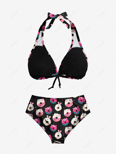 Gothic Cute Rabbit Donuts Cat Print Plunging Halter Backless Bikini Set