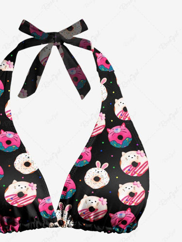 Gothic Cute Rabbit Donuts Cat Print Plunging Halter Backless Bikini Set