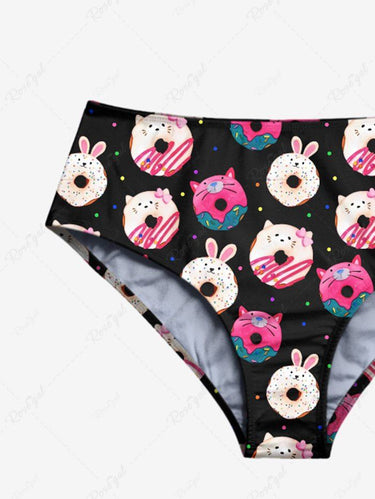 Gothic Cute Rabbit Donuts Cat Print Plunging Halter Backless Bikini Set