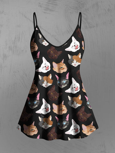 Gothic Plus Size Colorful Cat Printed Cami Top(Adjustable Shoulder Strap)