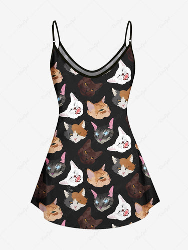 Gothic Plus Size Colorful Cat Printed Cami Top(Adjustable Shoulder Strap)
