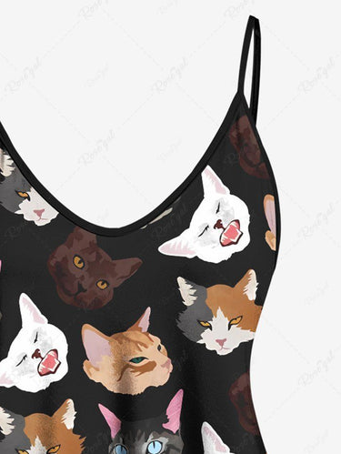 Gothic Plus Size Colorful Cat Printed Cami Top(Adjustable Shoulder Strap)