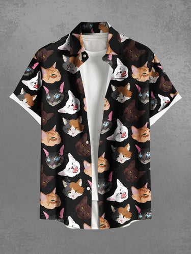 Gothic Plus Size Colorful Cat Print Button Pocket Shirt For Men
