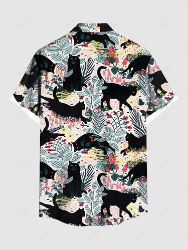 Gothic Plus Size Floral Leaves Branch Cat Print Button Pocket Shirt For Men