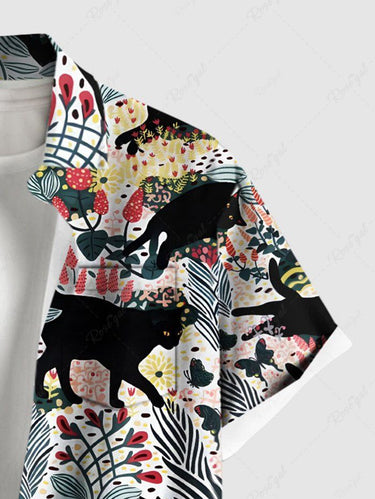 Gothic Plus Size Floral Leaves Branch Cat Print Button Pocket Shirt For Men