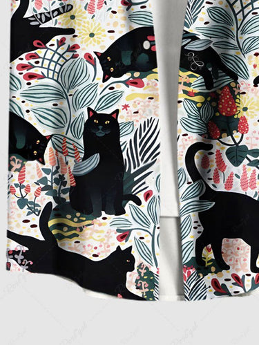Gothic Plus Size Floral Leaves Branch Cat Print Button Pocket Shirt For Men