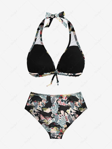 Gothic Floral Leaves Branch Cat Print Plunging Halter Backless Bikini Set
