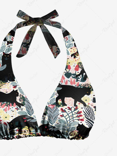 Gothic Floral Leaves Branch Cat Print Plunging Halter Backless Bikini Set