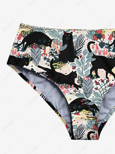 Gothic Floral Leaves Branch Cat Print Plunging Halter Backless Bikini Set