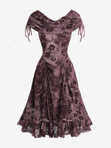 Gothic Floral Flocking Mesh Tie Dye Cinched High Low Asymmetric Dress