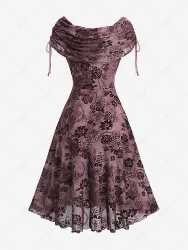 Gothic Floral Flocking Mesh Tie Dye Cinched High Low Asymmetric Dress