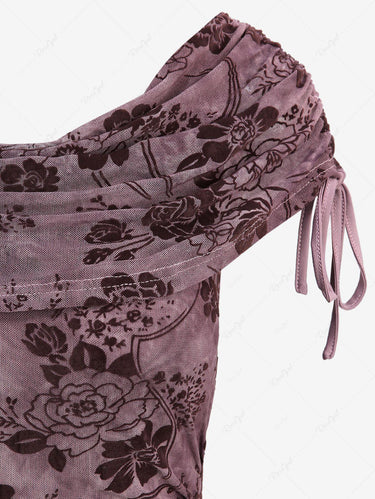 Gothic Floral Flocking Mesh Tie Dye Cinched High Low Asymmetric Dress